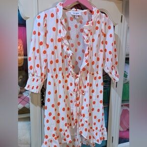 RIXO Womens XXS Polka Dot Orange and Flowy Open Tie White Blouse